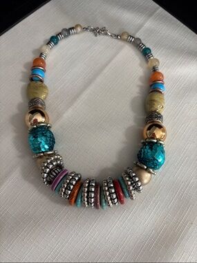 Beaded Multicolor Statement Necklace with Teal Sequin Accents